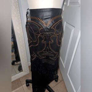 Black faux Leather Fringe Skirt with tan Stitching